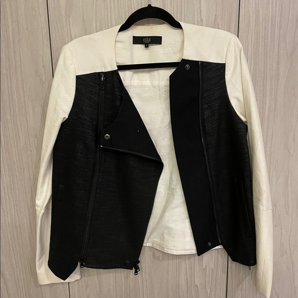Tibi  Colorblock Moto Jacket Zip Up Long Sleeve Pockets Black/White - Picture 1 of 5